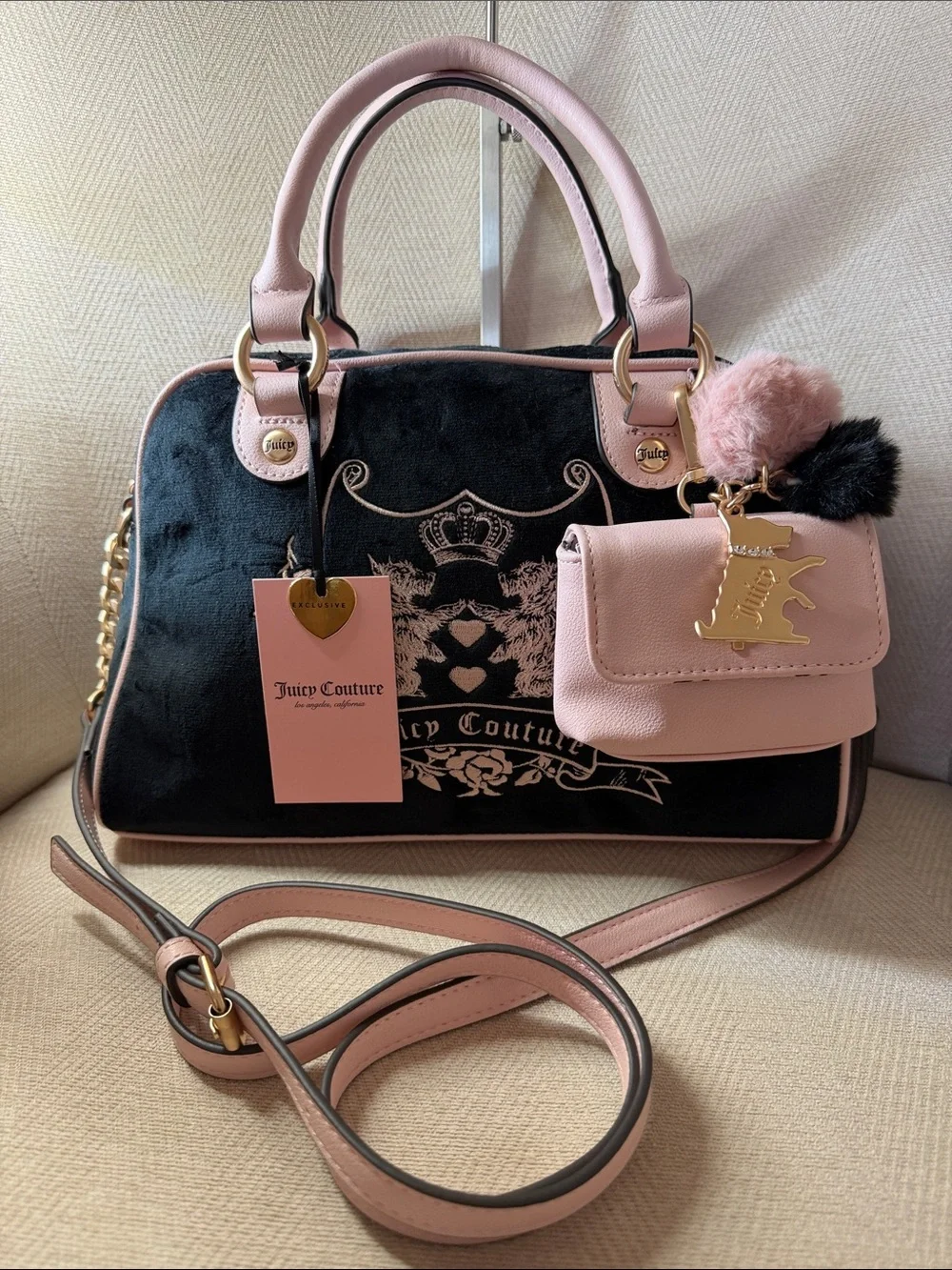 Juicy Couture Pink and Black Velvet Satchel with Detachable Pouch